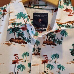 Denim Flower Ricky Singh Tropical Santa hat +  Flamingo Short Sleeve Shirt Sz S